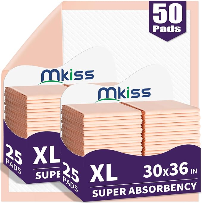MKISS 30" x 36" Disposable Bed Pads [50 Counts], Heavy Absorbency Underpad | Super Absorbent, Extra Large, Leakproof & Waterproof Protection, Dry Quickly, Soft Fabric Surface