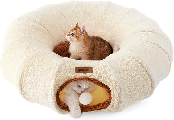 ZOMISIA Cat Tunnel Bed for Indoor Cats, Cute Cat Donut Toy Tunnel for Small Large Cats, Peekaboo Pet Cave Play Tunnel Toys for Kitten/Rabbit,Beige