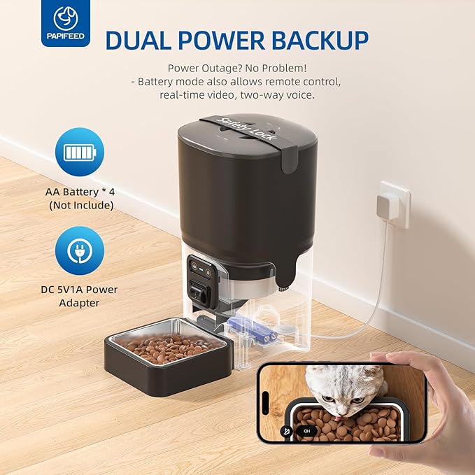 PAPIFEED Distributeur Automatique pour Chats 6L, Mangeoire Intelligente WiFi 2.4G avec Caméra et Audio Bidirectionnel, Angle Réglable, Nettoyage Facile, Programmation de 1 à 10 Repas Par Jour pour Chats et Petits Chiens - Noir