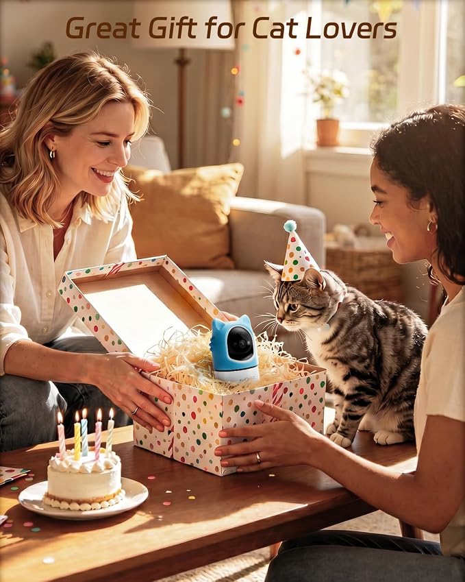 ALIOBC Pet Camera with Phone App Laser Toy 2K Cat Camera no Subscription | Auto Tracking Night Vision 355° Pan 2-Way Audio Dual-Band WiFi Indoor Pet Cam （Sky Blue）