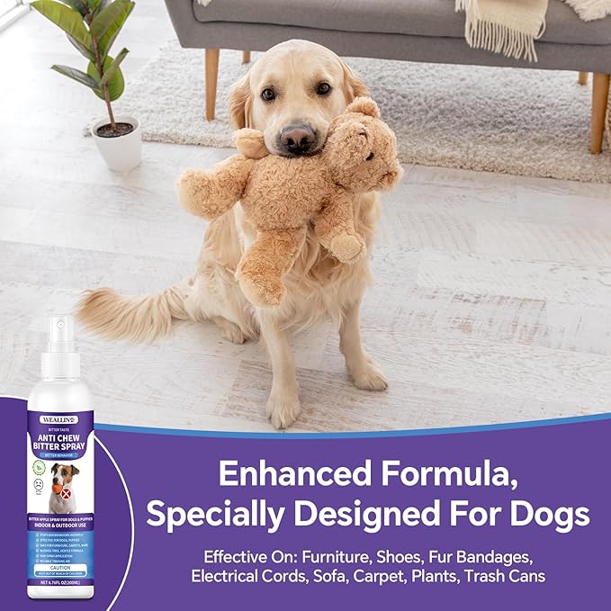 WEALLIN No Chew Spray for Dogs - 6.76 Fl Oz, Bitter Apple Spray for Dogs, Dog Deterrent Spray, Stops Chewing and Licking, Protects Furniture, Prevents Wound Licking, Non-Toxic, Alcohol-Free