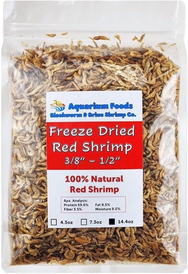Aquatic Foods Inc. Red Shrimp, 3/8" to 1/2" Floating Freeze Dried Red Shrimp for All Tropical Fish, Cichlids, Catfish, Marines, Pond Fish, Aquatic Turtles, Rodents, Reptiles - 14.4oz Clear Bag