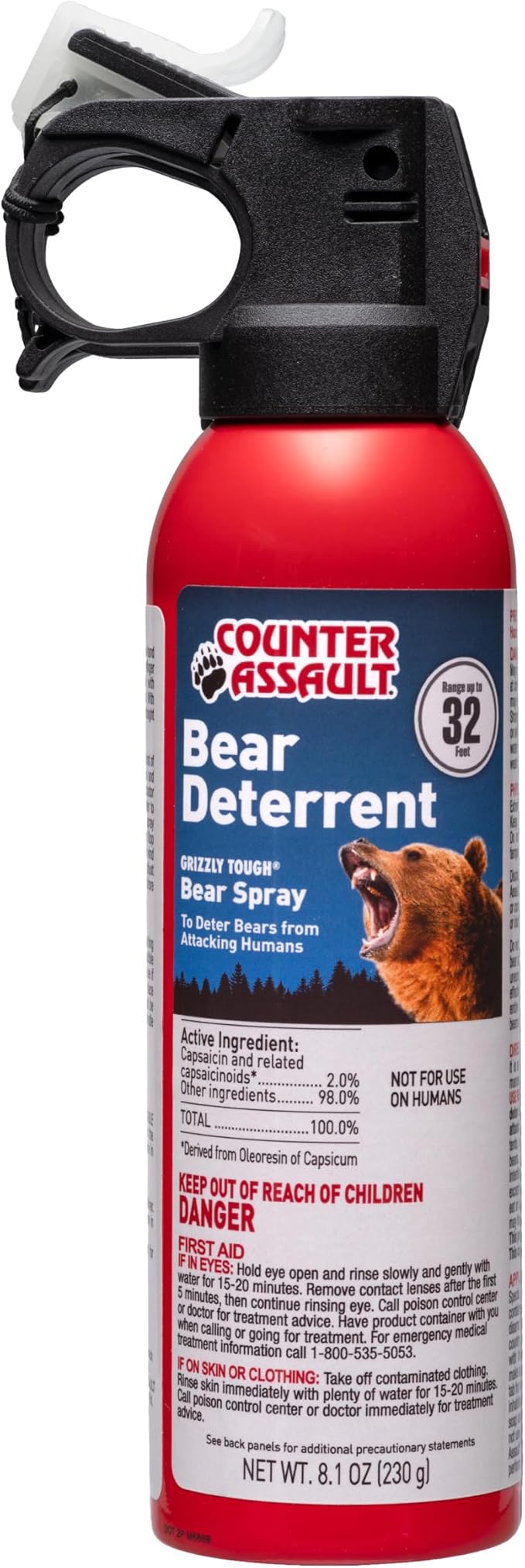 Counter Assault Bear Spray - Bears, Mountain Lions, Coyotes - Long-Range 32ft Distance - Pepper Spray Safety Gear for Hiking & Camping Protection - 2% Capsaicin - 8.1 oz