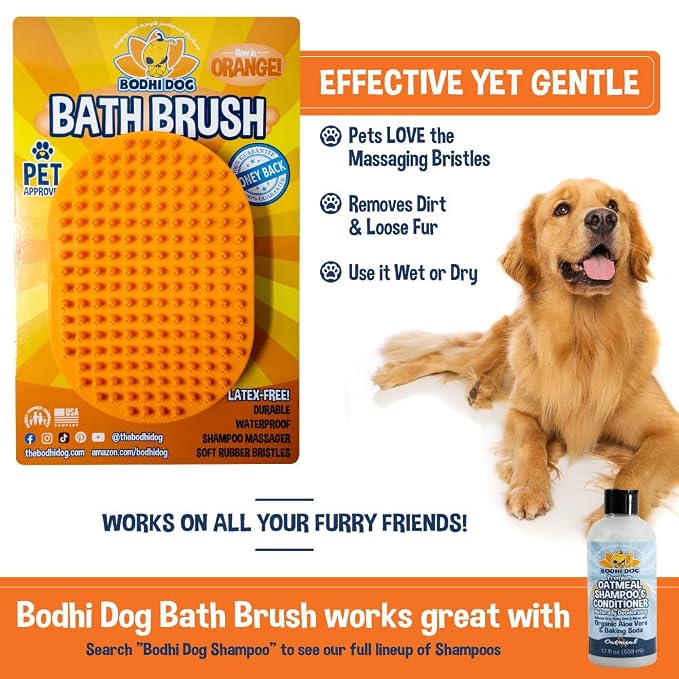 Bodhi Dog Shampoo Brush - Pet Grooming & Bath Supplies for Dogs and Cats - Bath Brush for Long & Short Hair - Premium Scrubber for Shower, Showerhead, Sprayer & Bathing (One Pack, Orange)