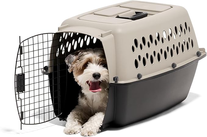 Petmate Vari Dog Kennel Portable Carriers & Crates for Smaller Dogs or Puppies and Pets 10 to 20 lbs, Airline-Friendly Plastic Pet Carrier Home and Travel, 24" Long, Taupe & Black, 24” x 16.7” x 14.5” | Airline friendly pet carrier, durable plastic she...