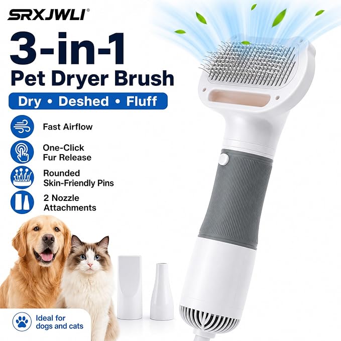 3 in 1 Pet Hair Dryers And Comb Brush High Velocity Blower for Dog Grooming | Portable Quiet Handheld Slicker with Steam Deshedding Intelligent Airflow System for Cats, Puppies and Professional(Gray)