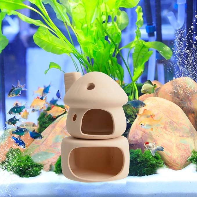 Saim Mushroom with Cave Fish Tank Decor Set, Ceramics Aquarium Shrimp Cave, Betta Hideout Decoration, Cottage Ornament Goldfishes for Fish Tank Landscape Decor - Beige