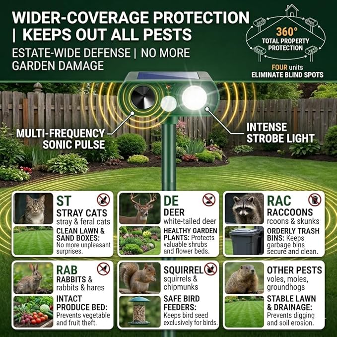4 Pack Upgraded Sonic Fortress Pro Deer Repellent Cat Deterrent Solar Animal Repellent Ultrasonic Outdoor with Motion Sensor Strobe Light for Skunk Rabbit Raccoon Squirrel Fortress Pro for Yard Garden