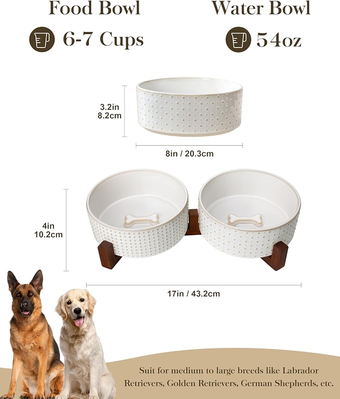 MALACASA Dog Bowl Set, Ceramic Bowls with Walnut Wood Stand, 6 Cups | Rhombic and Polka Dot Design, Non-Slip Base, for Dogs, About 26% Heavier than Similar Ceramic Bowls