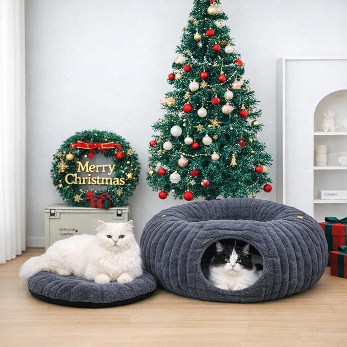 Dogpals Cat Tunnel Bed Cave 33" Lx10 Wx10 H for Indoor Cats | Washable Cozy Cushion, Soft Striped Plush Fabric, Hideaway Peekaboo Cave for Kittens, Puppies, Rabbits & Small Pets
