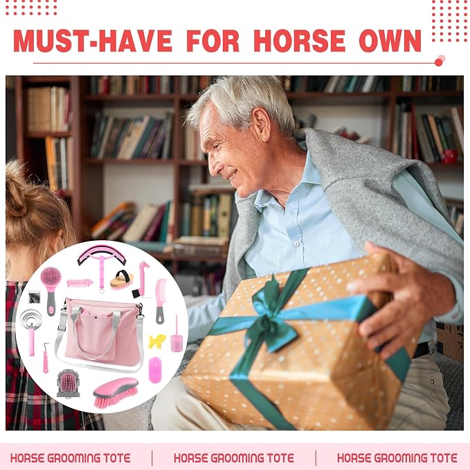 Abbylike 15 Pieces Horse Grooming Kit with Organizer Tote Bag Tack Room Supplies Horse Brush Sets Care Equine Cleaning Kit Shedding Grooming Massaging Tools(Pink and Grey)
