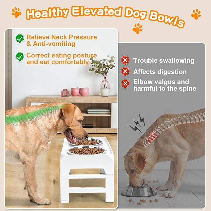 COMESOON Elevated Dog Bowls, 4 Height Adjustable Raised Bowl Stand with 2 Thick 50oz Stainless Steel Food Bowls Non-Slip Feeder Adjusts to 3.7'', 9.2'', 10.75'', 12.36'' White