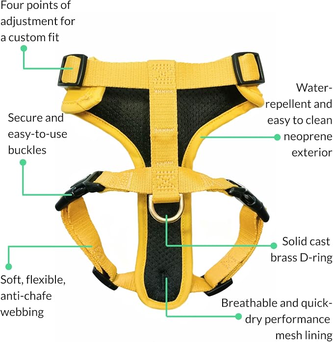 Adventure Dog Harness - Stylish Large Dog Harness for Outdoor Adventures and Everyday Wear - Dandelion Yellow Neoprene Adjustable Harness for Dogs with Reflective Piping and Solid Brass D-Ring