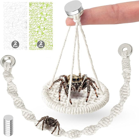 6 PCS Jumping Spider Rope Bridge Swings Set，Jumping Spider Webbed Moss Ribbon Tarantula Enclosure Accessories Natural Cotton Rope Handmade Pet Tiny Animals Enclosure Decorations
