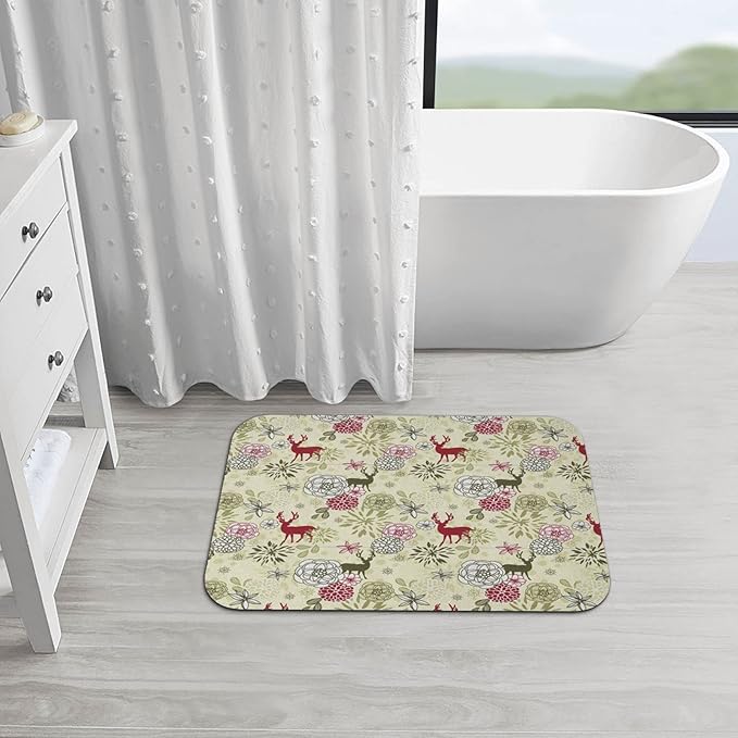 Rubber Non Slip Mat, Winter Kitchen Door Mat, Deer with Blossoming Flowers Abstract Christmas, 23.6" W x 15.7" L, Soft and Non Slip for Elderly and Children,Pale Green Olive Green Ruby