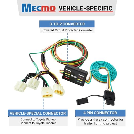 MECMO 4 Pin Trailer Wiring Harness for 1989-1995 Toyota Pickup & 1995-2004 Toyota Tacoma, ‎55379 Vehicle-Side 4 Prong Towing Hitch Wire for Trailer Light Hook Up, Plug & Play 4 Way Flat T-Connector