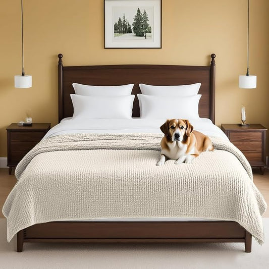 H.VERSAILTEX Plush Chenille Couch Cover for Dogs Pets Blanket for Bed Anti-Slip Soft and Durable Furniture Protector for Small Medium Large Cats Washable (52" x 82", Ivory)