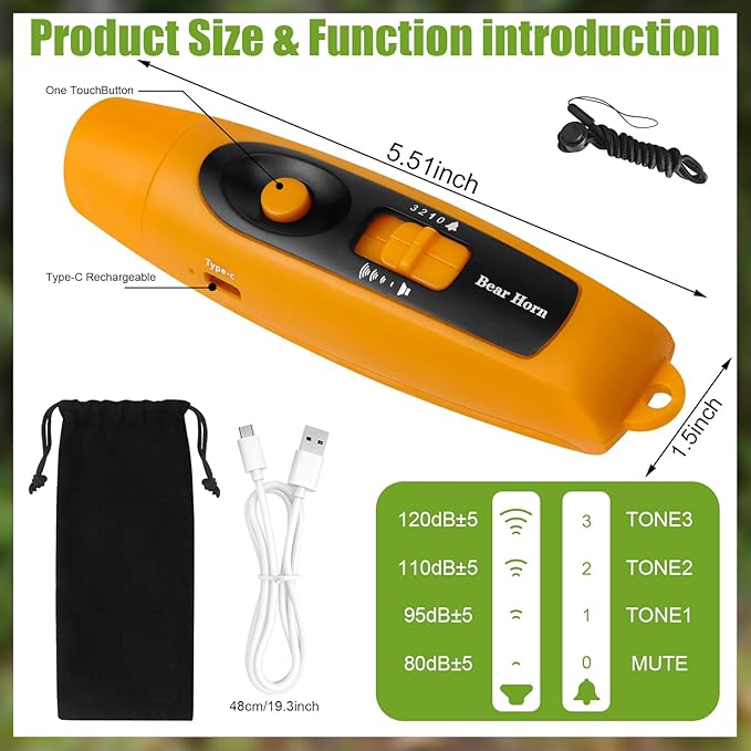 120±5 dB Rechargeable Bear Horn, Electronic Air Horn for Bears with 4 Volume Levels & 3 Tones, Whistle Bear Bells LED Safety Light for Hiking Camping Emergency, Wildlife Defense