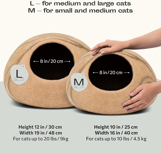 Cat Cave – Premium Felt Cat Bed Enclosure for Indoor Cats, Handmade Merino Wool (Beige, Large)