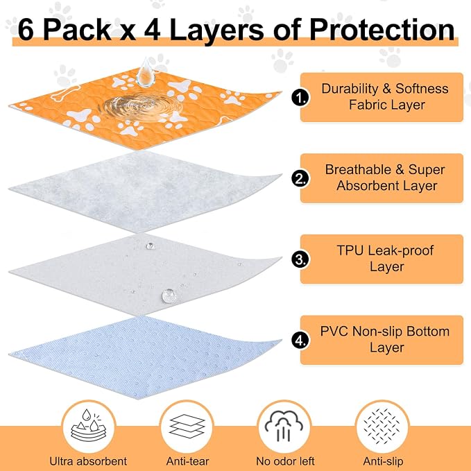 BEAUTYZOO 6 Pack Washable Pee Pads for Dogs,Reusable Puppy Pad 16x24 Orange | Waterproof Super Absorbent,Non Slip and Leak-Proof Against Urine,Whelping Pads Mats for Puppy Potty Training,Playpen,Crate