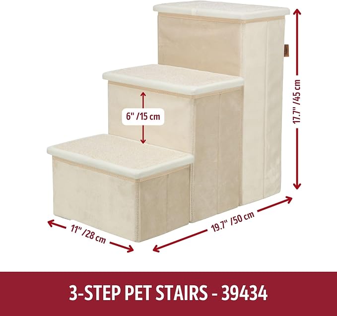 TRIXIE 3-Step Velour Pet Stairs, Beige | Collapsible, Storage Compartments for Pet Toys, Ideal for Small Dogs & Cats