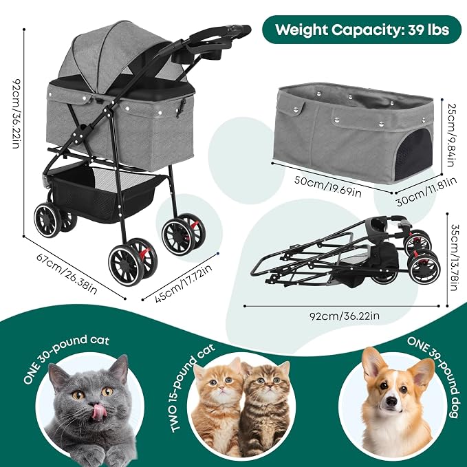 Pet Stroller,Dog Stroller for Small Medium Dogs Cats,3 Wheels,Grey | Foldable,with Breathable Mesh Canopy,Cup Holders,Easy Assembly