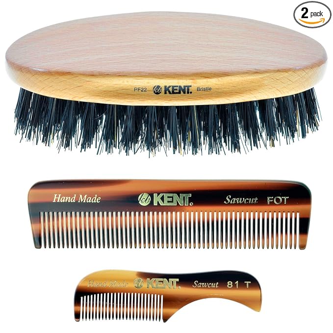 Kent Mens Beard Kit, 81T Extra Small Beard Mustache Comb, Fot All Fine Tooth Pocket Comb and PF22 Oval Palm Hair Brush. Beard and Mustache Grooming Kit for Travel and Home Beard Care. Made in England
