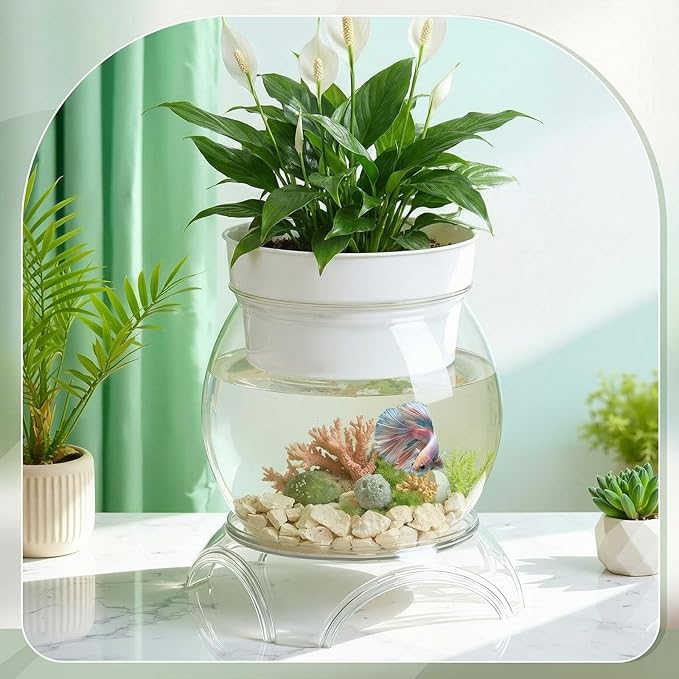 Geelin 1.5 Gallon Plastic Aquaponic Betta Fish Tank Aquaponic with Base and Top, Large Bowl Shatterproof Ecosystem Aquarium with Clear Clarity for Terrarium, Flower Vase Betta Fish Centerpiece Gifts