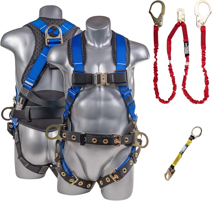Fall Protection Hammerhead Kit I 5pt Safety Harness, 6' Double Leg Lanyard, 18" D-Ring Extender (Blue - 2XLG)