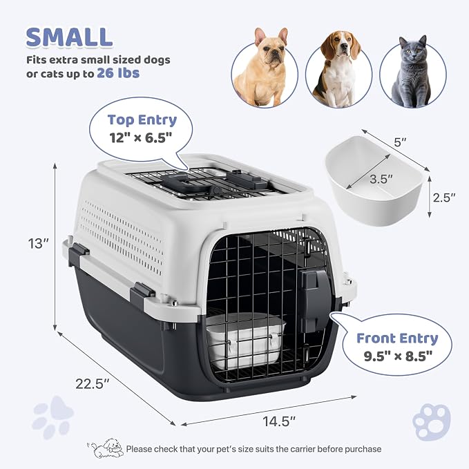 Magshion 22 Inch Hard-Sided Dog Cat Carrier, Grey | Top&Front Door Access, Plastic Dog Kennel for Traveling, Durable Handle, Ventilation, Detachable Pet Bowl, For Pet Up 26 lbs