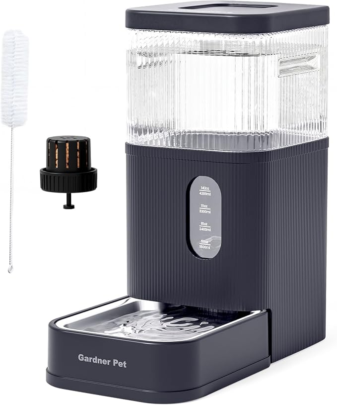 Gardner Pet 2.9 Gallon Automatic Dog Water Bowl Dispenser 11L Gravity Water Feeder with Stainless Steel Bowl & Maifan Stone Filter, BPA-Free for for Cats and Dogs (Grey, 2.9 Gallon)