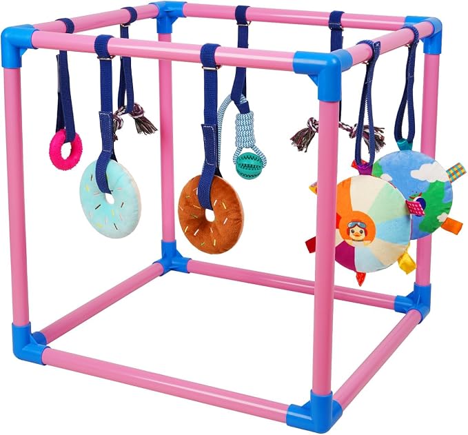 Liitrton Puppy Play Gym for Small Dogs with 8 Hanging Toys, Pink | 19.5"x19.5"x19.5" PVC Frame, Indoor Puppy Jungle Gym with Interactive Puppies Toys