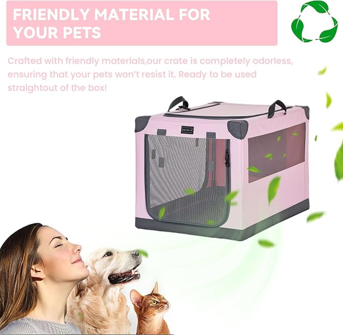 PETSFIT 26" Soft Portable Dog Crate – Patented Spiral Sturdy Frame, Collapsible Travel Kennel for Small Dogs, 3 Mesh Door, Lockable Zippers, Indoor & Car Use Pink