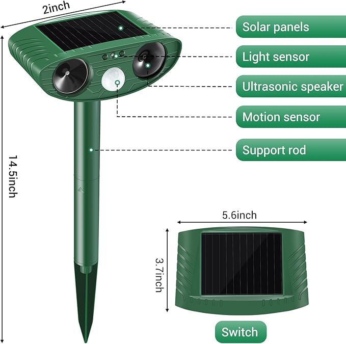 Cat Repellent Outdoor,2 Pack Solar Animal Repeller Ultrasonic Cat Deterrent with PIR Motion Sensor Waterproof Pest Repeller Animal Deterrent for Garden Yard Cats, Dogs,Skunks,Raccoon Birds Squirrels