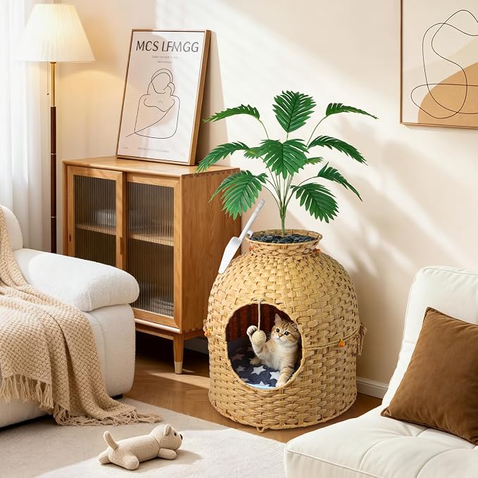Cat Hidden Litter Box Enclosure Furniture, Handwoven Rattan Cat House with Decorative Faux Plant, Cat Litter Box with Scoop & Sisal Ball, Real Stones for Living Room, Bedroom, Corner Natural