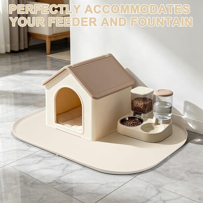 SMILOOL Waterproof Silicone Pet Food Mat with Raised Edge for Dog & Cat | 36" x 24" Non-Slip Large Pet Feeding Mats with Lip for Food & Water Bowl, Food Grade, Easy Cleaning, White Sand
