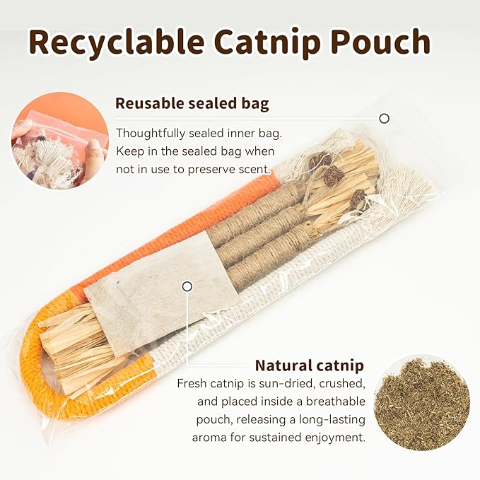 Cat Toys for Indoor Cats, 3 Pcs Silvervine Sticks with Gall Fruit & 1 Pc Cat Chew Rope for Teeth Cleaning, Interactive Cat Toys with Catnip, Kitten Chew Toys Teething for All Breeds Orange