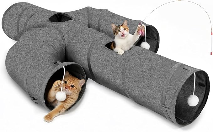 Ownpets Cactus Cat Tunnel 10" with Peek Holes for Indoor Large Cat, Grey | Durable Oxford fabric, noise-free, foldable & connectable, multi-cat friendly, tube for cats up to 20lb, includes ball & wand