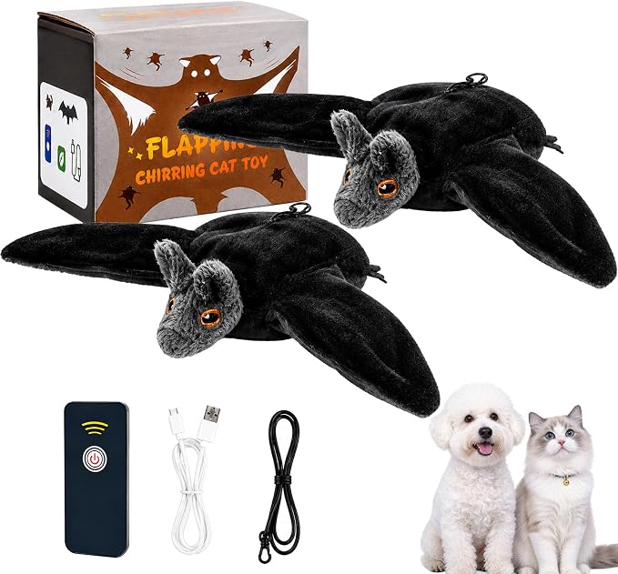 Flying Bat Dog Toy, Flying Bat Toy for Dogs & Cats with Flapping Wings and Chirping Sound, Motion-Activated Interactive Pet Toy for Hanging, Ground and Indoor Chase Play (2PCS)