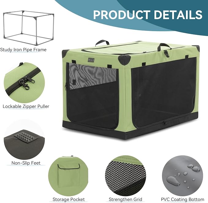 PETSFIT 36" Soft Portable Dog Crate – Patented Spiral Sturdy Frame, Collapsible Travel Kennel for Medium & Large Dogs, 3 Mesh Door, Lockable Zippers, Indoor & Car Use Green