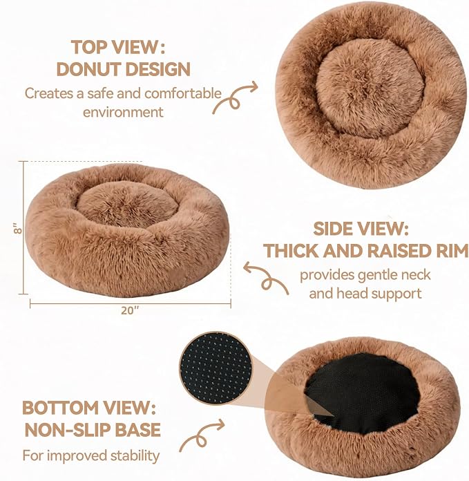 Cat Beds for Indoor Cats, Washable 20" Donut Pet Bed for Small Dogs | Fluffy pet bed with cozy plush comfort and supportive raised sides, perfect for lounging, napping and relaxing indoors.