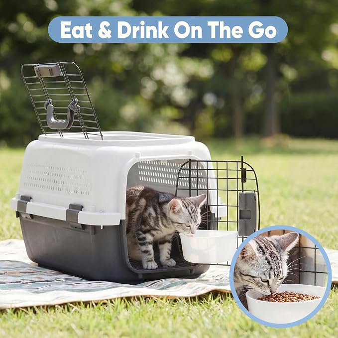 DUMOS 23" Hard-Sided Pet Carrier for Small Dogs & Cats, Airline Approved Travel Crate with Enhanced Security Latches, Front & Top Load Wire Door, Food Bowl for Traveling, Hiking, Camping - White&Black