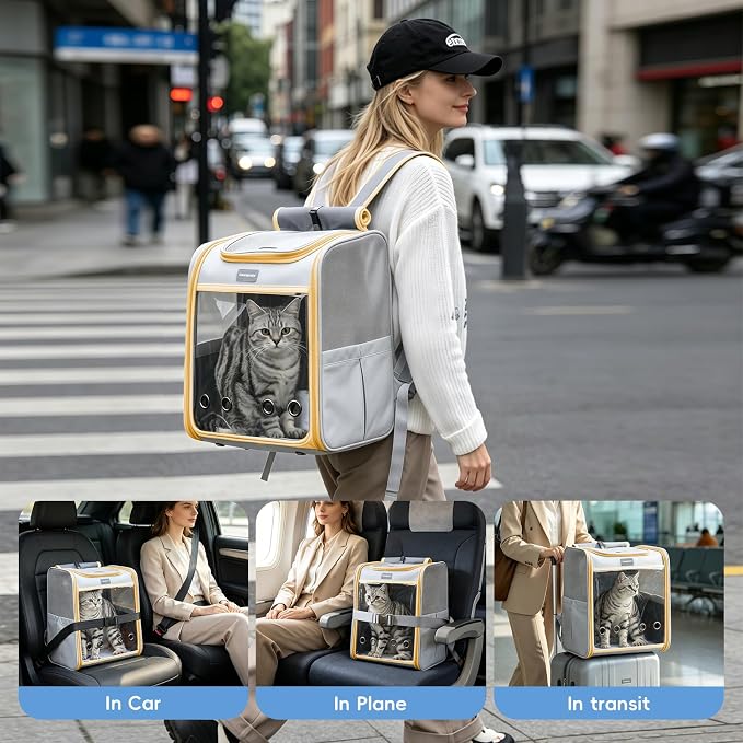 Cawypety Cat Backpack Carrier, Collapsible and Breathability Cat Carrier Large for Cat Under 16 lbs, Dog and Small Pet Carrier Bag Used in Travel, Car