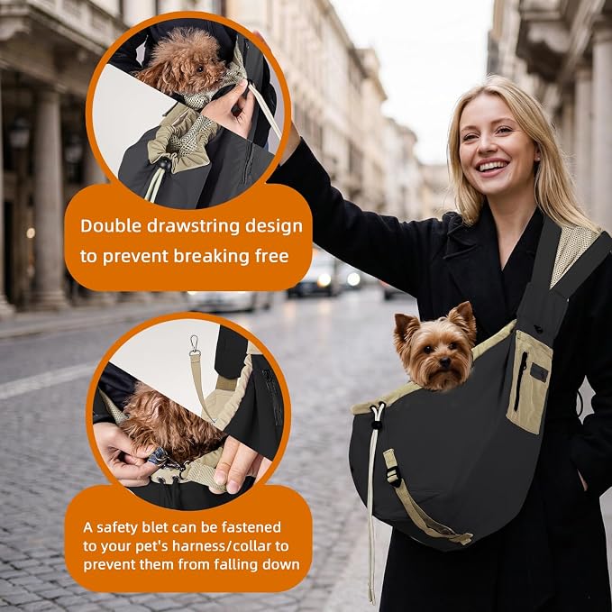 Dog Carrier Sling, Dog Carriers for Small Dogs Up to 20lbs, Black | Puppy Sling, Cross Body Carrying Bag, Soft Front Pouch, Adjustable Shoulder Strap, Breathable Mesh Pet Backpack for Hiking
