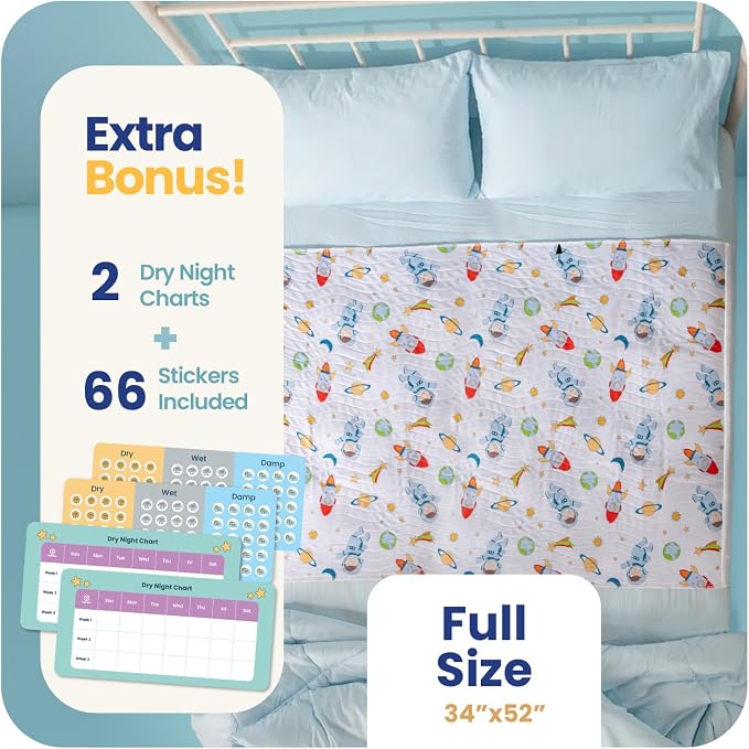 IMPROVIA® Pee Pads for Kids - Bed wetting Pads for Kids Potty Training Bed mats for Toddlers Waterproof Reuseable Washable Absorbent, Non Slip - Space Design - Full Size 34”x52