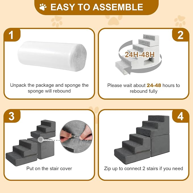 Dog Stairs for Small Dogs, 6-Step Dog Steps for High Bed, High-Density Foam Pet Stairs with Non-Slip Removable Washable Cover to Get on Bed