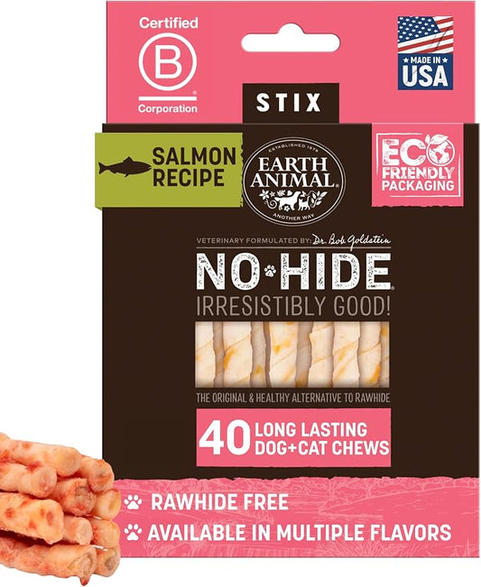 Earth Animal No Hide Stix - Rawhide Free Dog Chews Sticks 40 Count Salmon | Small Sticks Salmon Flavored Natural Rawhide Free Long Lasting Dog Chews - Pet Treats for Small Dogs and Cats