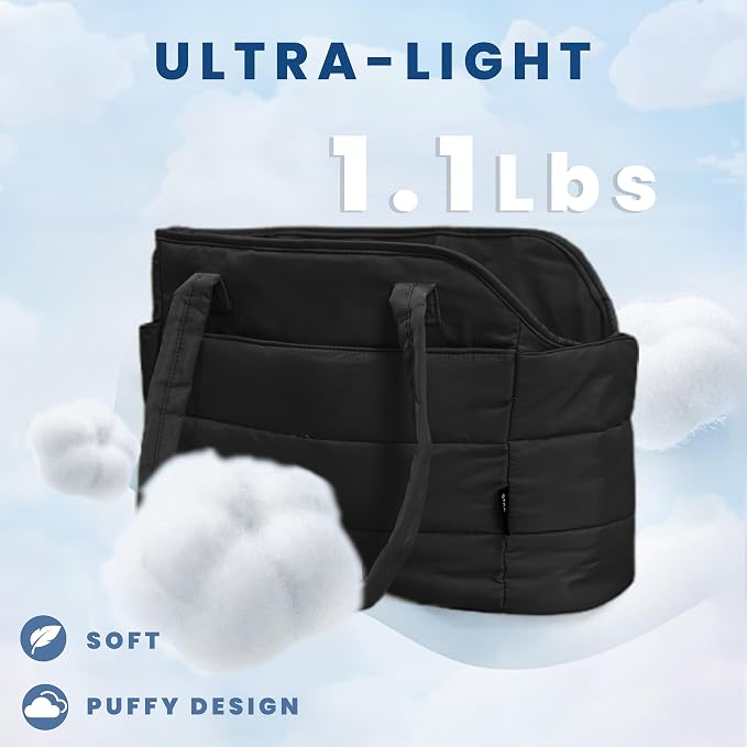 Lightweight Puffy Dog Purse Carrier for Small Dogs, Black | Quilted Pet Carrier Tote with Safety Leash Clip, Storage Pockets and Removable Base, for Pets Up to 15 lbs, Black