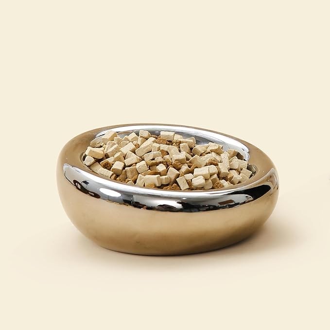 Pebble Pet Bowl Deep Chrome, Ergonomic Dog Cat Feeding Bowl, Flat-Faced Breed, Tilted Ceramic Pet Food Dish, Scooper Eater, Anti-Spill Design, Dishwasher Safe, Modern Pet Bowl, Dry & Wet Diet