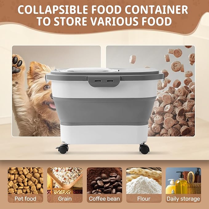 SEWIU Dog Food Storage Container Up to 2pack*20LB,Collapsible Dog Food Container with Travel Silicone Bowl and Scoop for Dog/Cat/Bird Food/Cat litter,Keep Dry Food Fresh,Easy to Move.